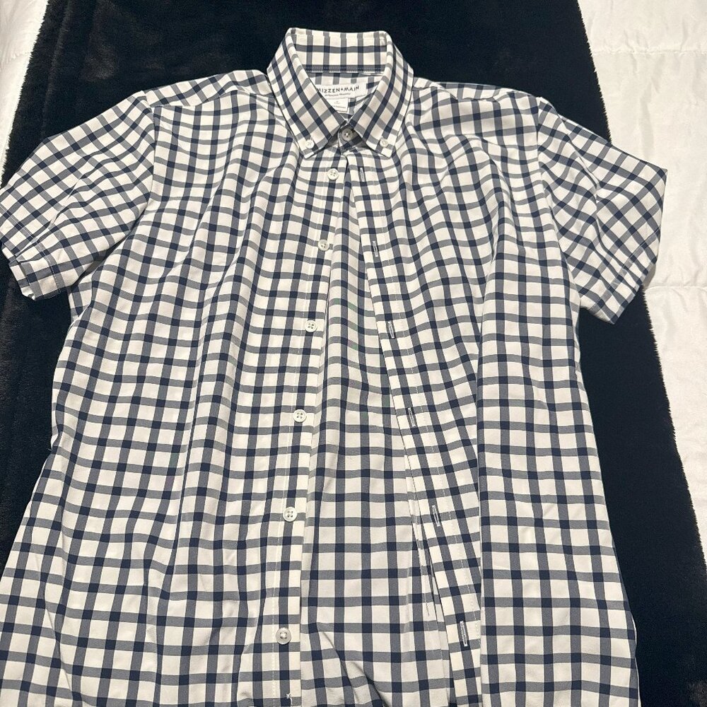 MENS MIZZEN+MAIN - SHORT SLEEVE BUTTON DOWN - SMALL TRIM FIT - BLUE WHITE PLAID